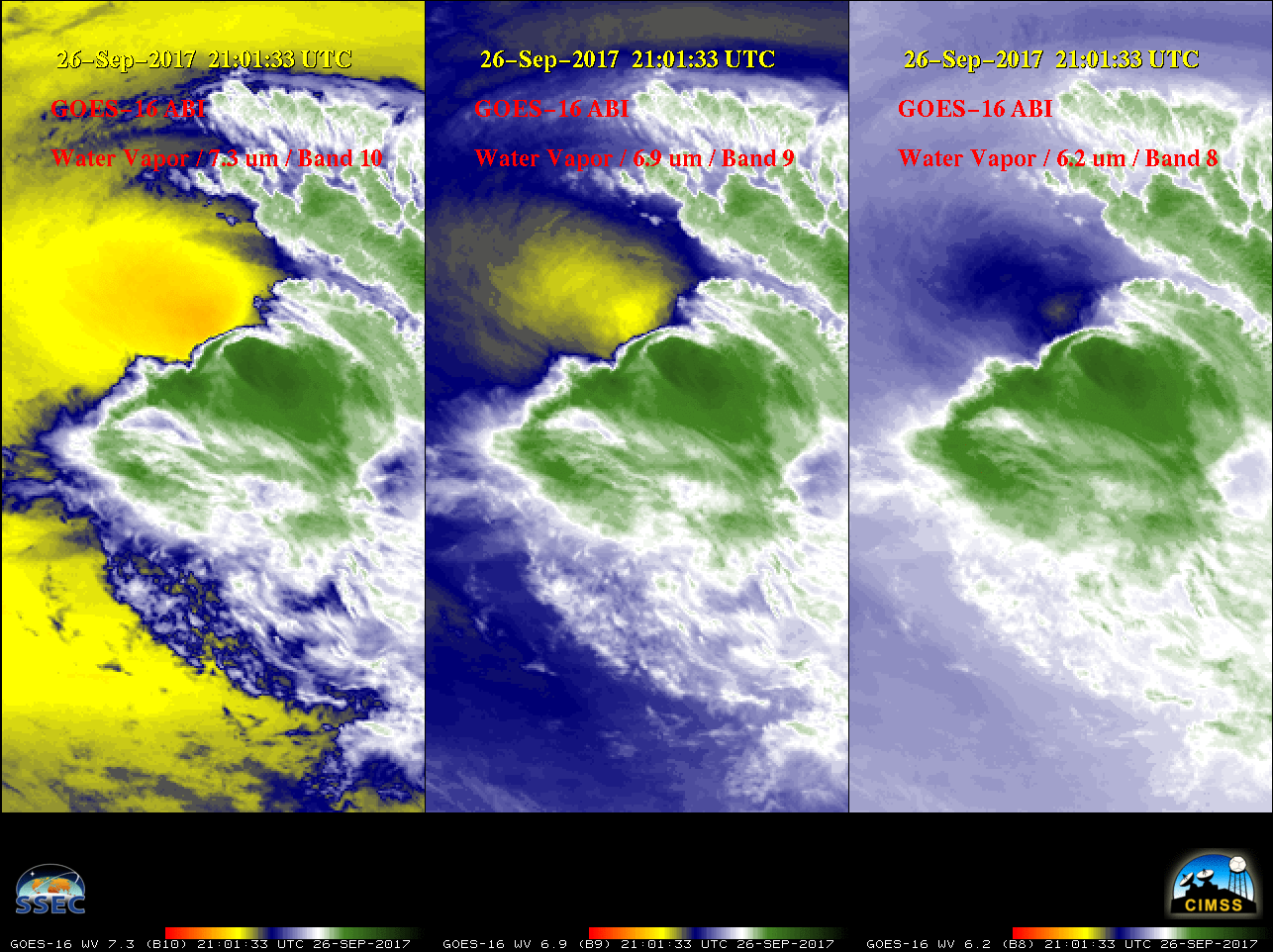 GOES-16 Lower-level (7.3 µm), Mid-level (6.9 µm) and Upper-level (6.2 µm) Water Vapor images [click to play MP4 animation]