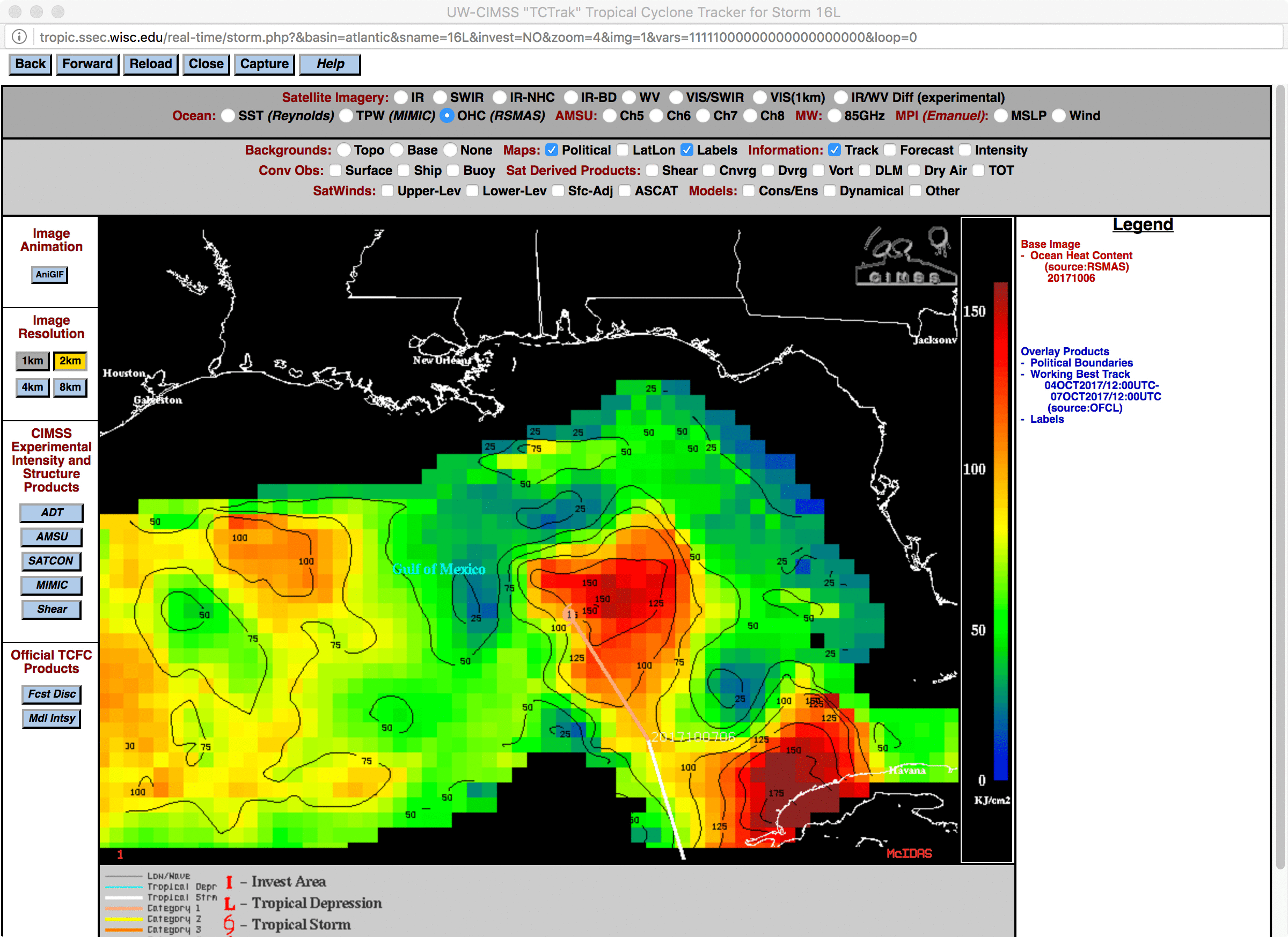 Sea Surface Temperature and Ocean Heat Content analyses from 06 October, with an overlay of the 07 October path of Hurricane Nate ending at 12 UTC [click to enlarge]