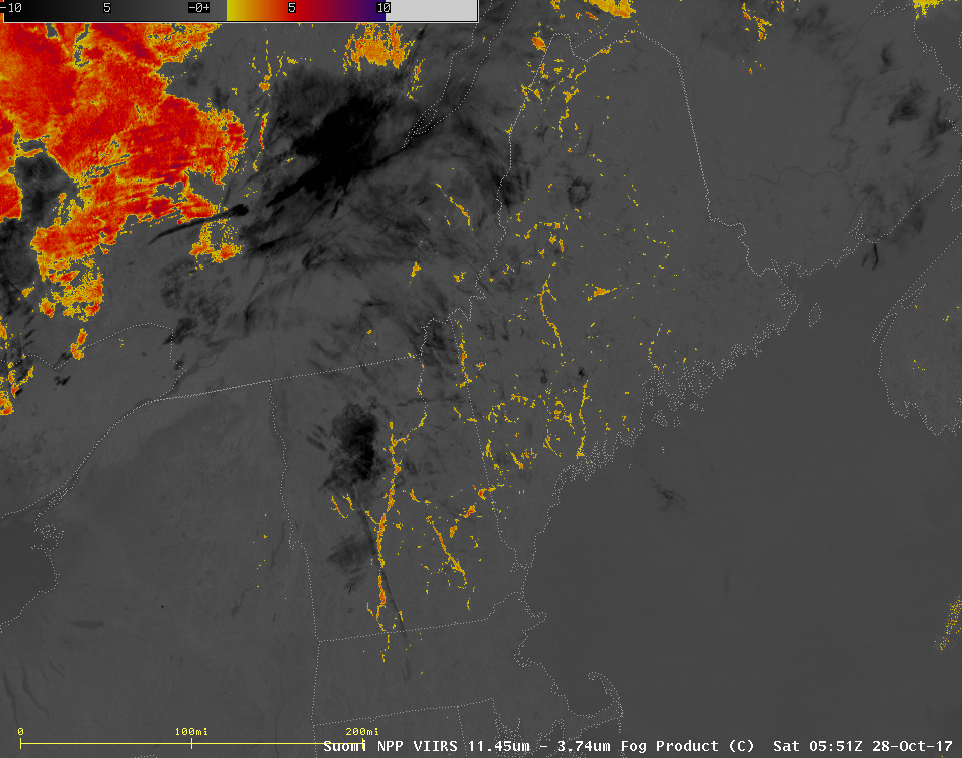 Suomi NPP VIIRS Infrared Brightness Temperature Difference (11.45 µm - 3.74 µm) images [click to enlarge]