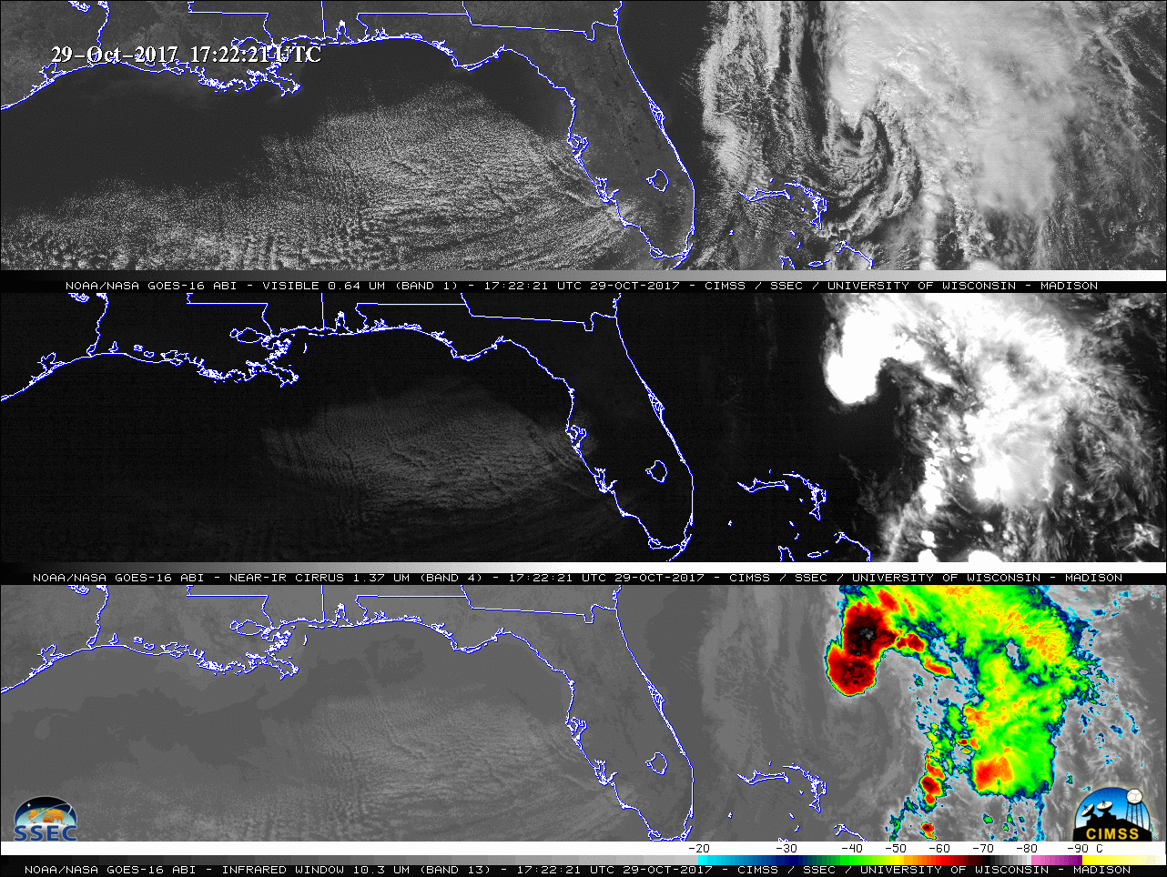 GOES-16 Visible (0.64 µm, top), Cirrus (1.37 µm, middle) and Infrared Window (10.3 µm, bottom) images [click to play animation]