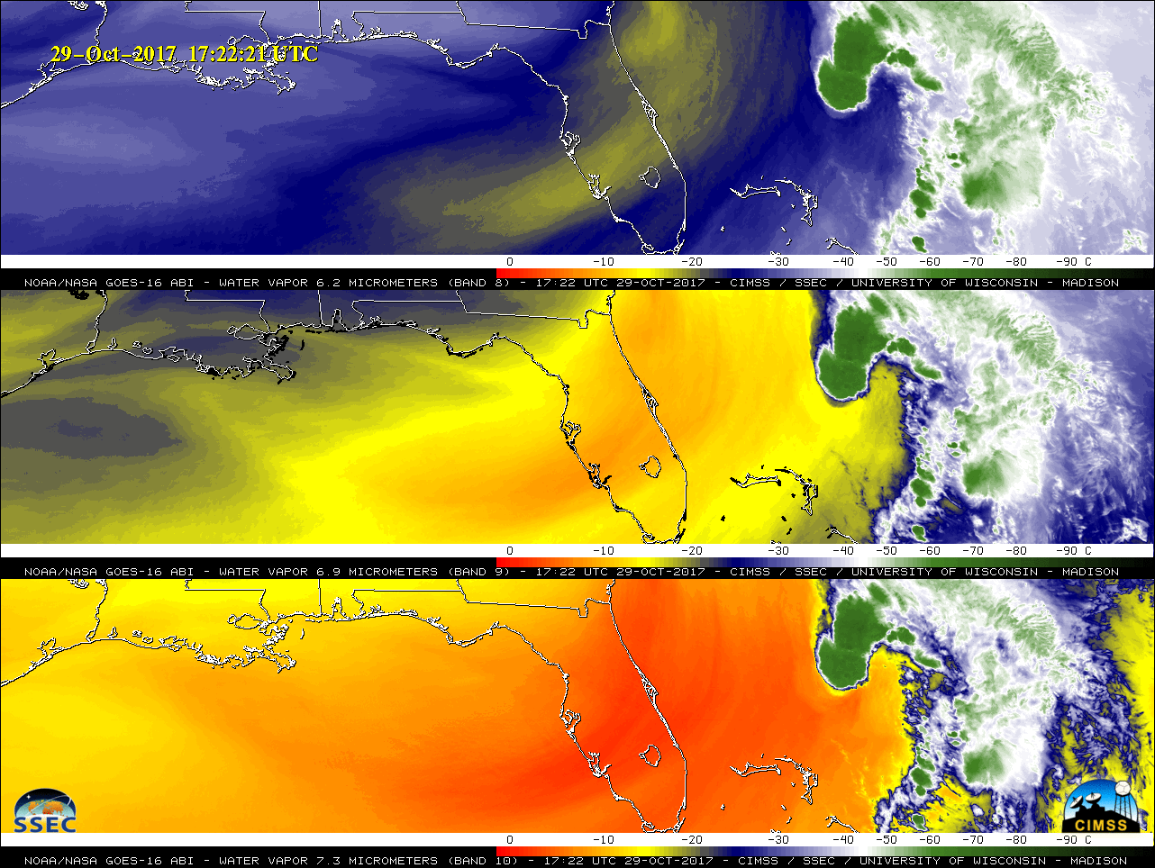 GOES-16 Upper-level Water Vapor (6.2 µm, top), Mid-level Water Vapor (6.9 µm, middle) and Lower-level Water Vapor (7.3 µm, bottom) images [click to play animation]