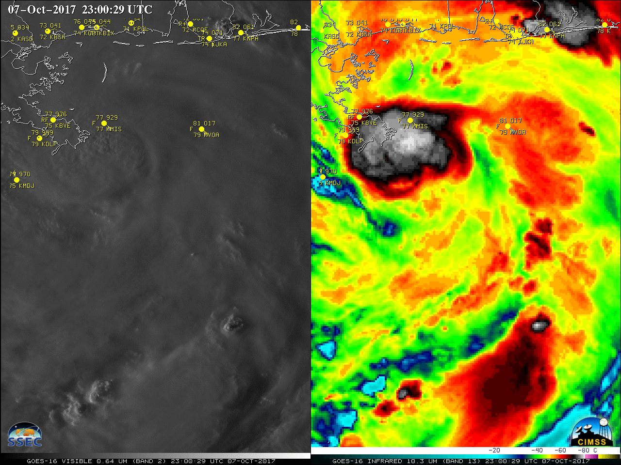 GOES-16 Visible (0.64 µm. left) and Infrared Window (10.3 µm, right) images, with hourly surface reports plotted in yellow [click to play MP4 animation]