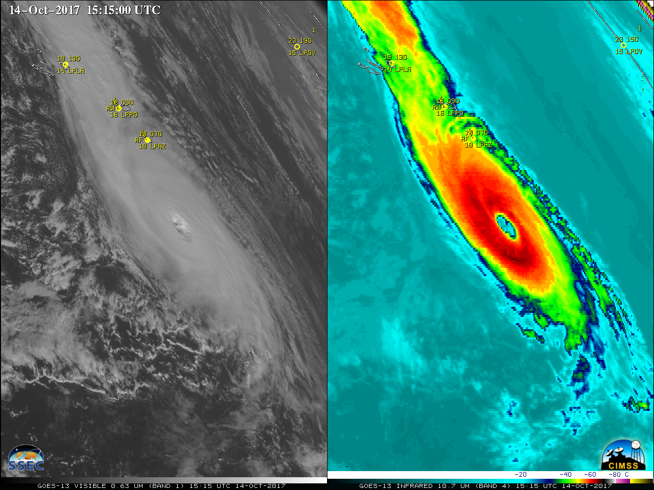 GOES-13 Visible (0.63 µm, left) and Infrared Window (10.7 µm, right) images, with hourly surface reports (in metric units) plotted in yellow [click to animate]