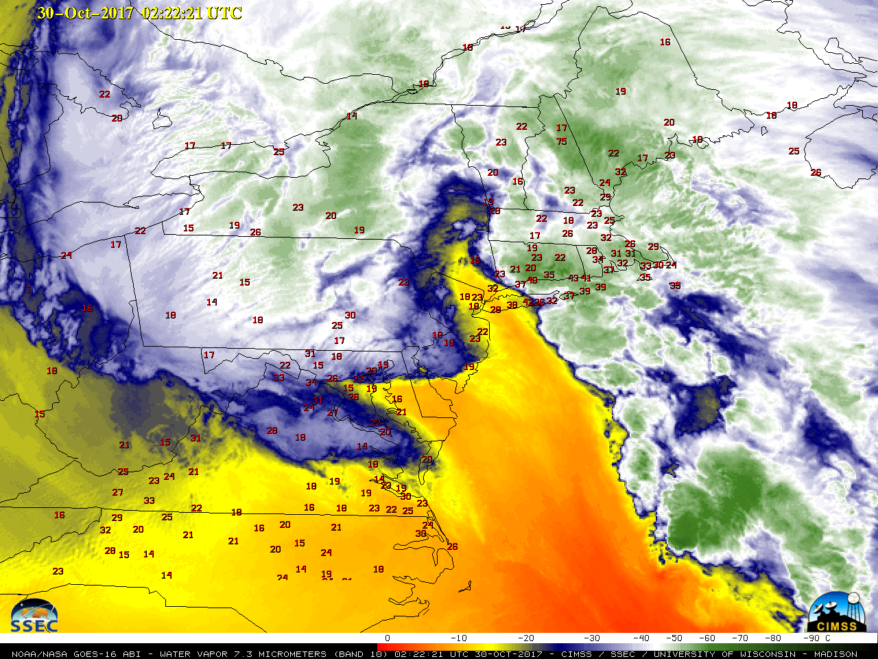 GOES-16 Lower-level Water Vapor (7.3 µm) images, with hourly surface wind gusts (in knots) plotted in red [click to play MP4 animation]