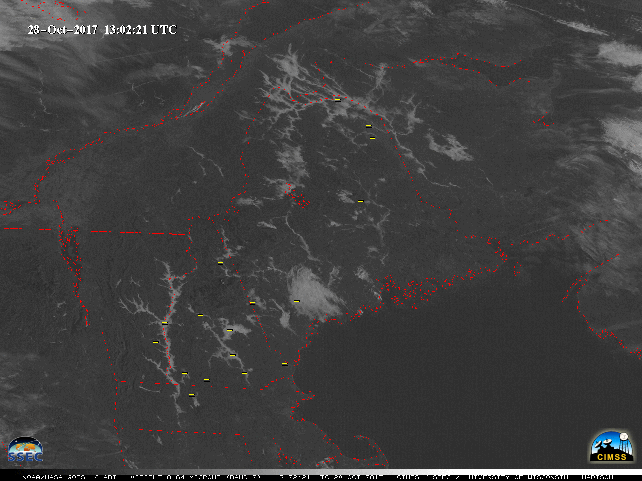 GOES-16 Visible (0.64 µm) images, with hourly surface reports of fog plotted in yellow [click to play animation]