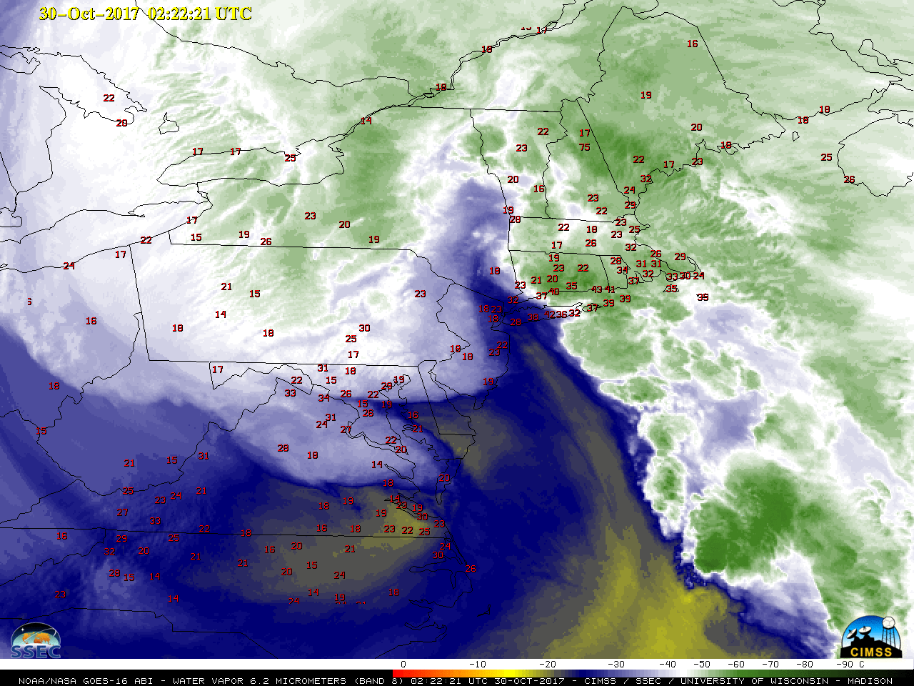 GOES-16 Upper-level Water Vapor (6.2 µm) images, with hourly surface wind gusts (in knots) plotted in red [click to play MP4 animation]