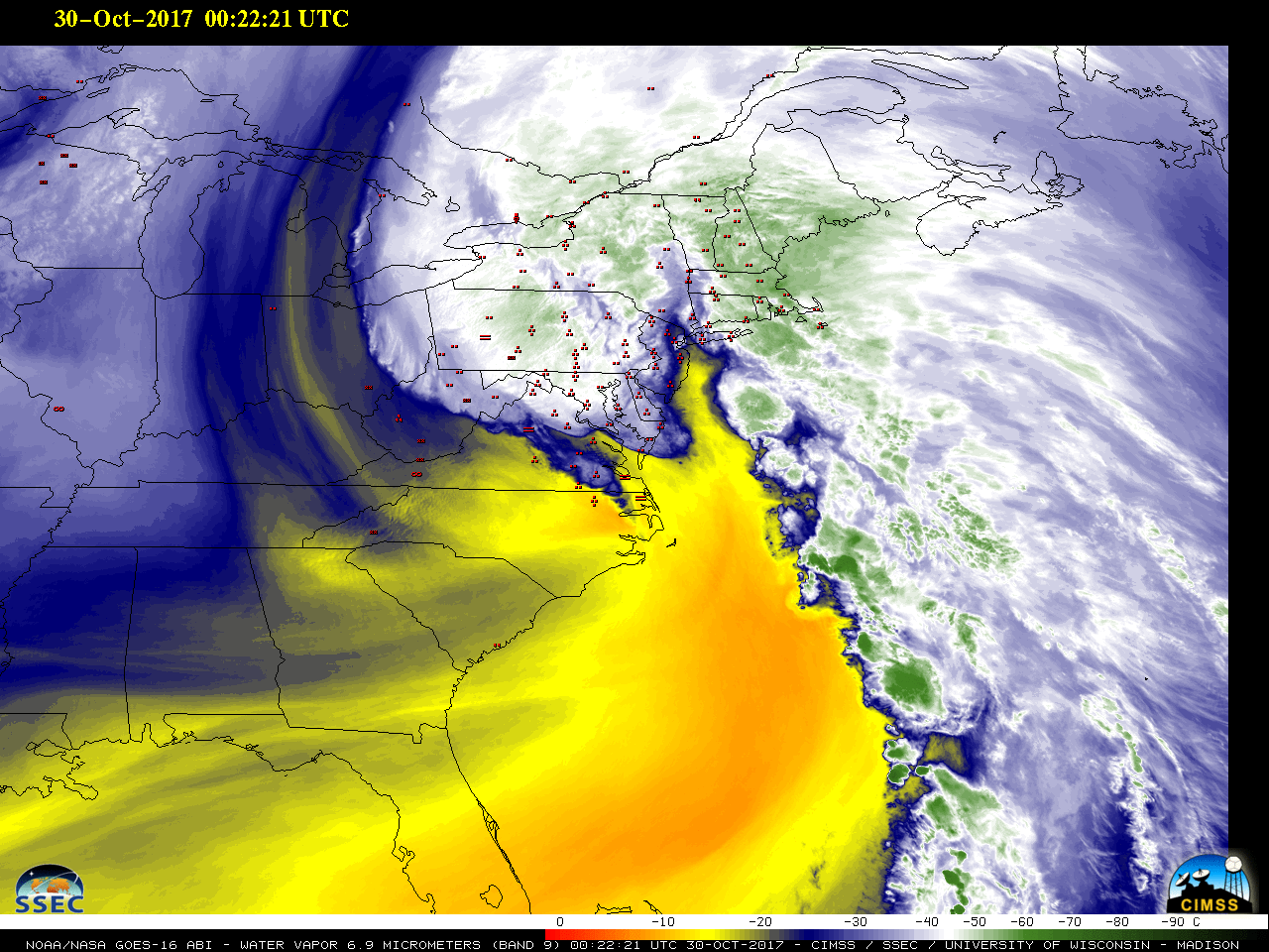 GOES-16 Mid-level Water Vapor (6.9 µm) images, with hourly precipitation type symbols plotted in red [click to play MP4 animation]