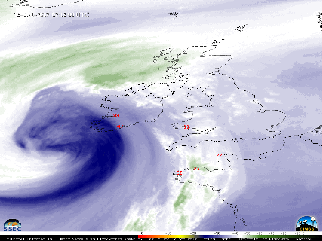 Meteosat-10 Water Vapor (6.25 µm) images, with hourly surface wind gusts (knots) plotted in red [click to play MP4 animation]