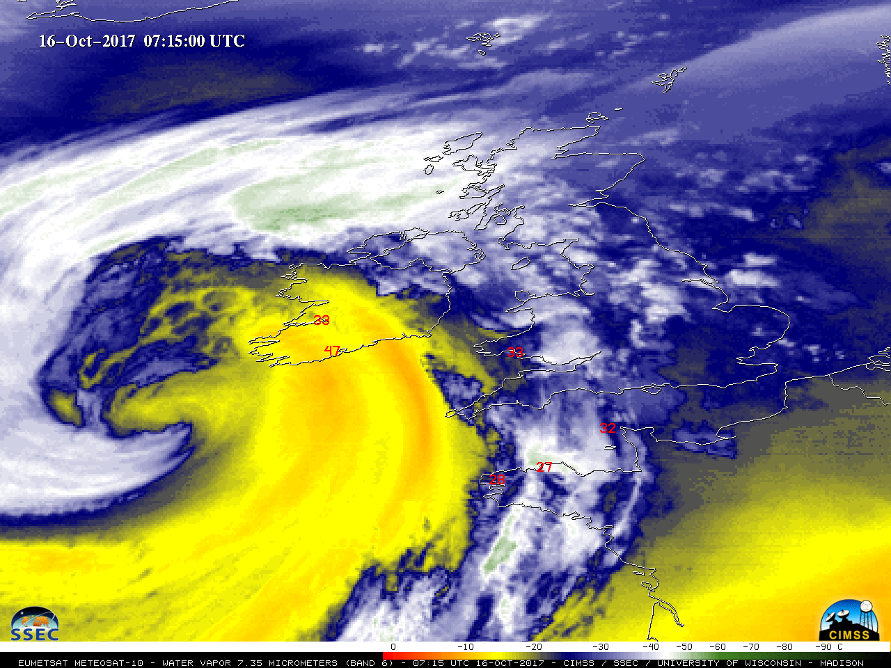 Meteosat-10 Water Vapor (7.35 µm) images, with hourly surface wind gusts (knots) plotted in red [click to play MP4 animation]