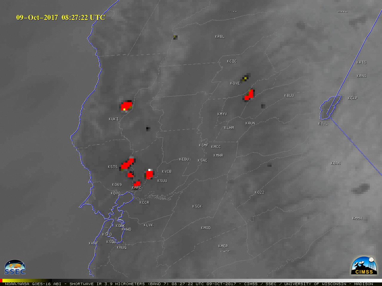GOES-16 Shortwave Infrared (3.9 µm) images, with county outlines plotted in gray (dashed) and surface station identifiers plotted in white [click to play MP4 animation]