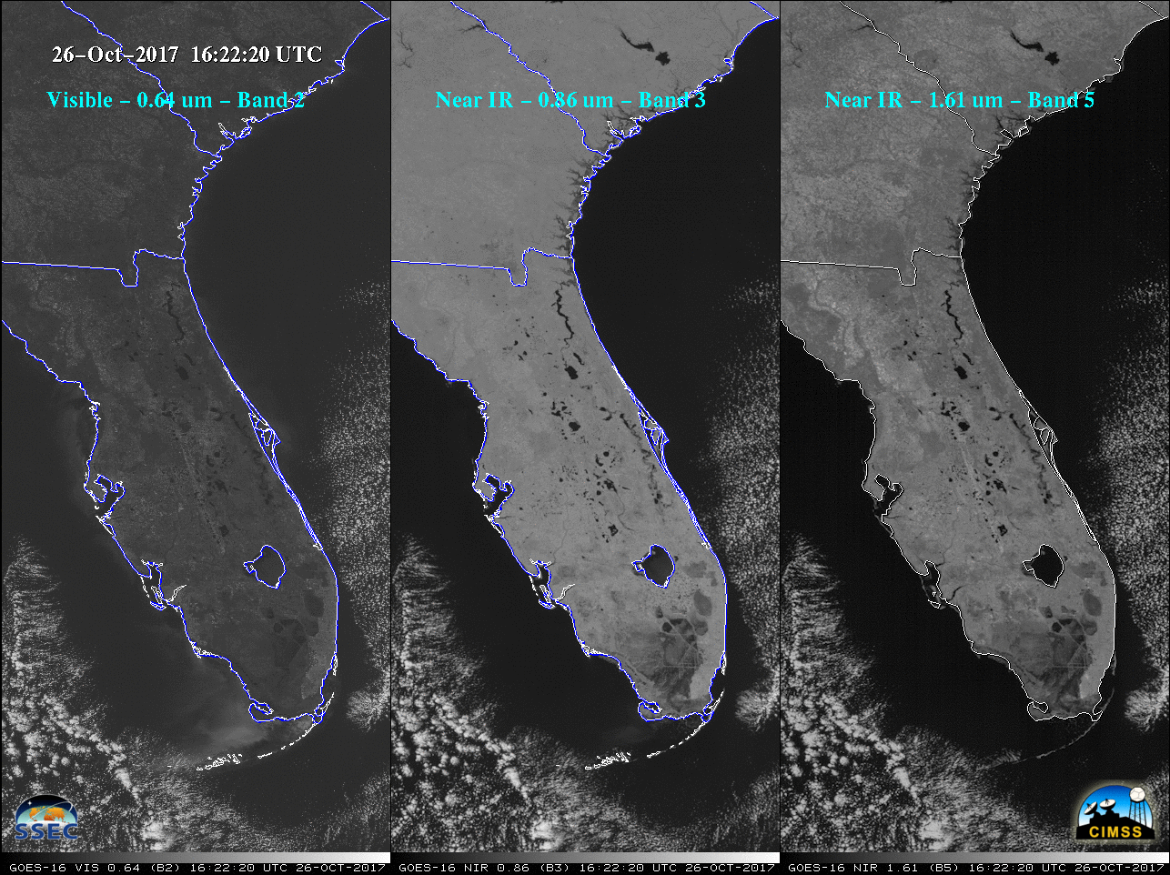 GOES-16 Visible (0.64 µm, left), Near-Infrared 