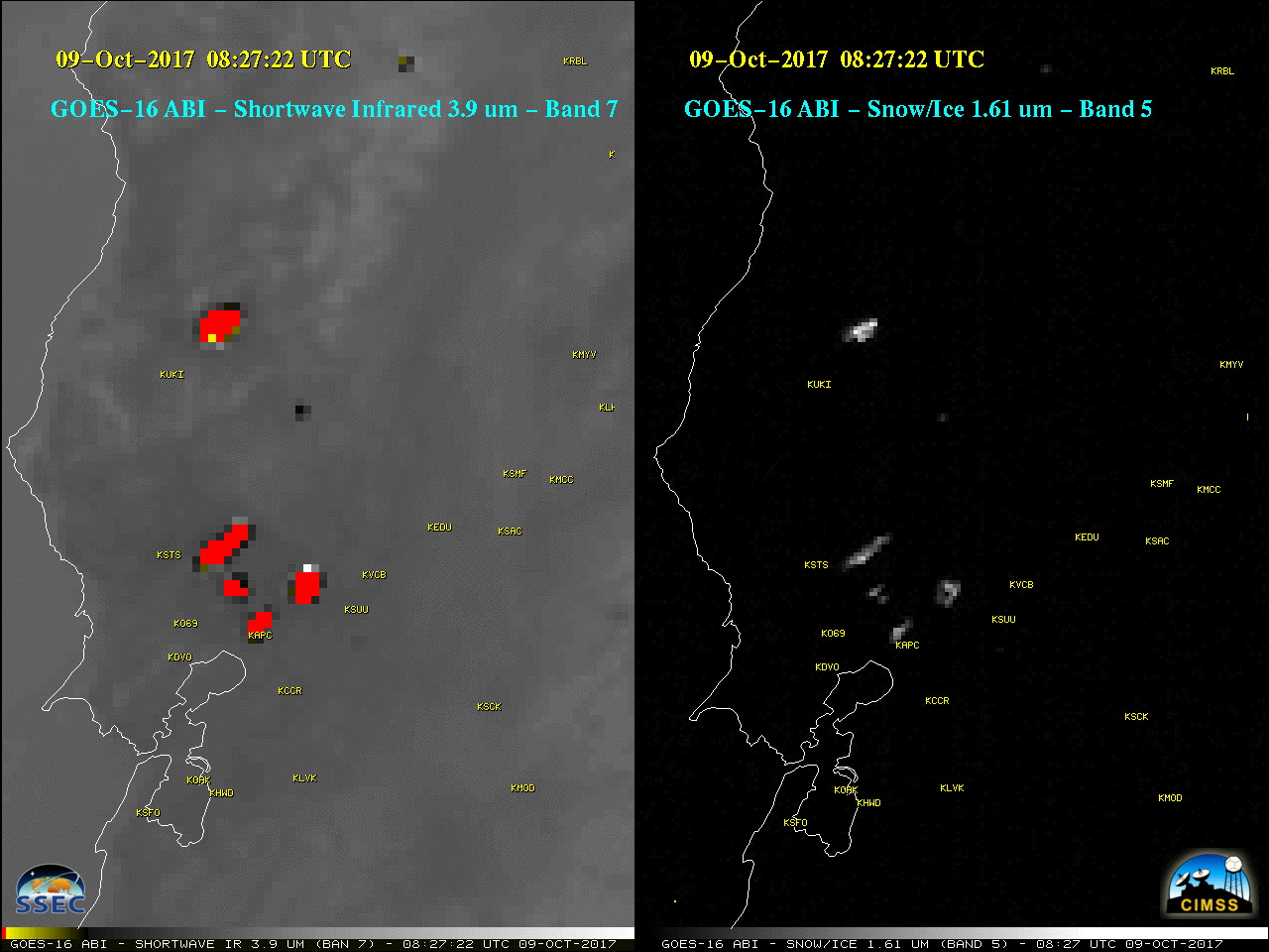 GOES-16 Shortwave Infrared (3.9 µm, left) and Near-Infrared 