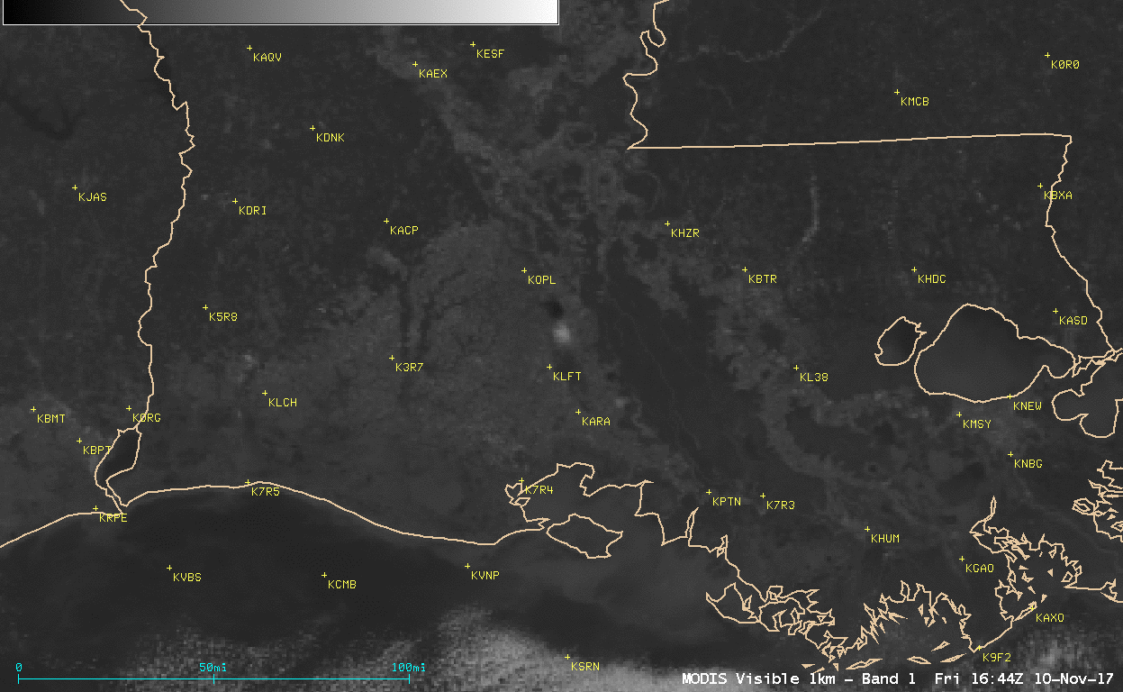 Terra MODIS Visible (0.65 µm) image and Land Surface Temperature product [click to enlarge]