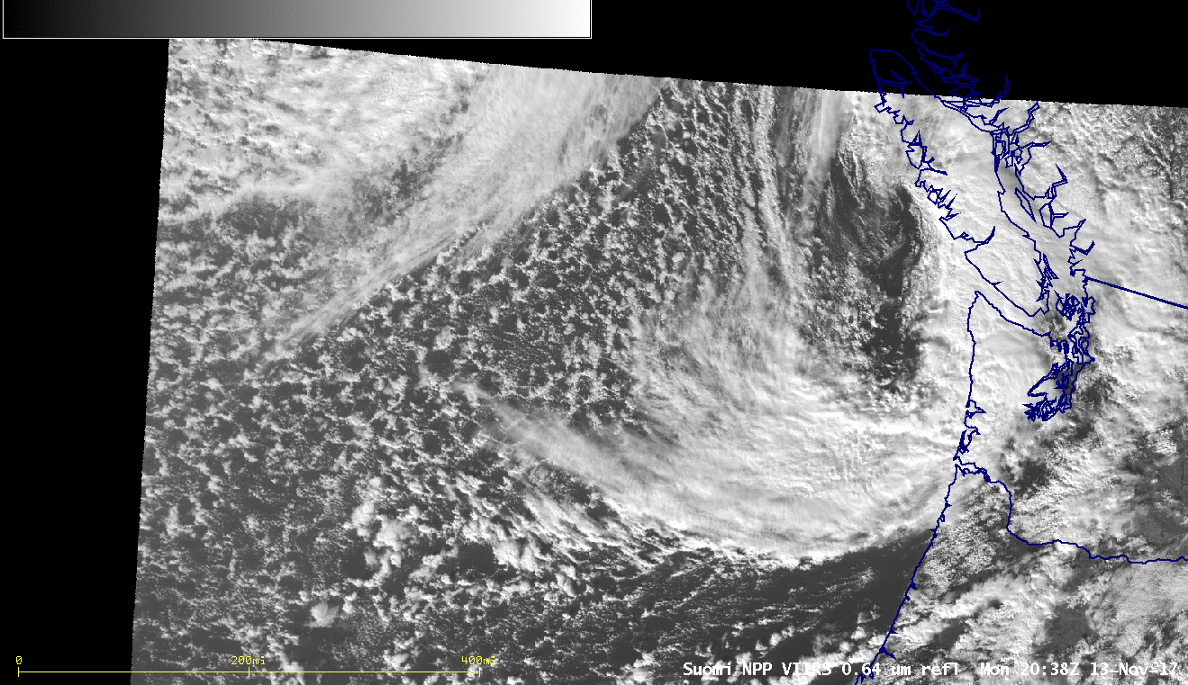Suomi NPP VIIRS Visible (0.64 µm) and Infrared Window (11.45 µm) images [click to enlarge]