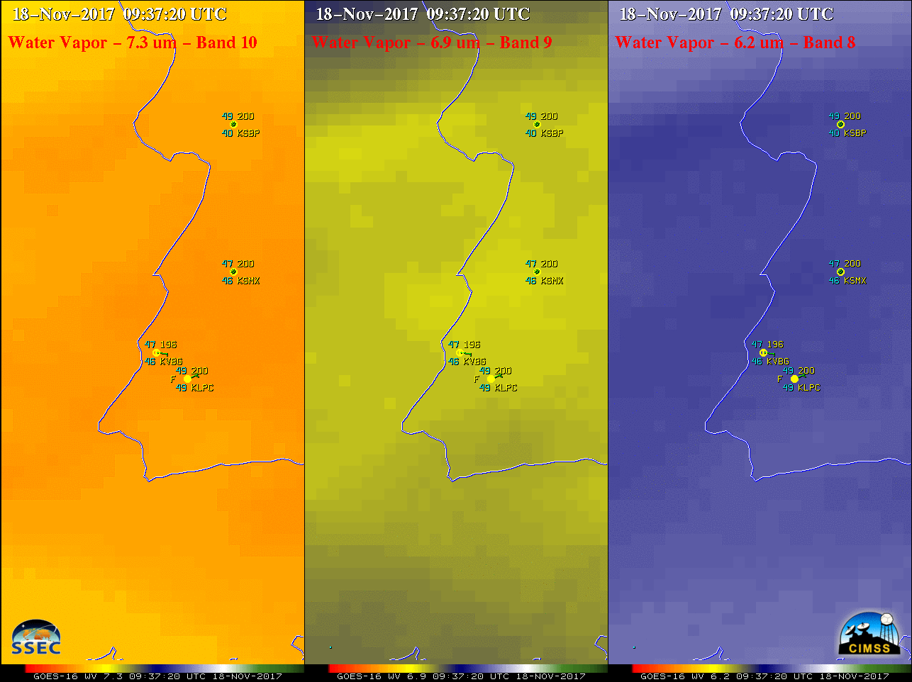 GOES-16 Lower-level (7.3 µm, left), Mid-level (6.9 µm, center) and Upper-level (6.2 µm, right) Water Vapor images, with plots of surface reports [click to enlarge]