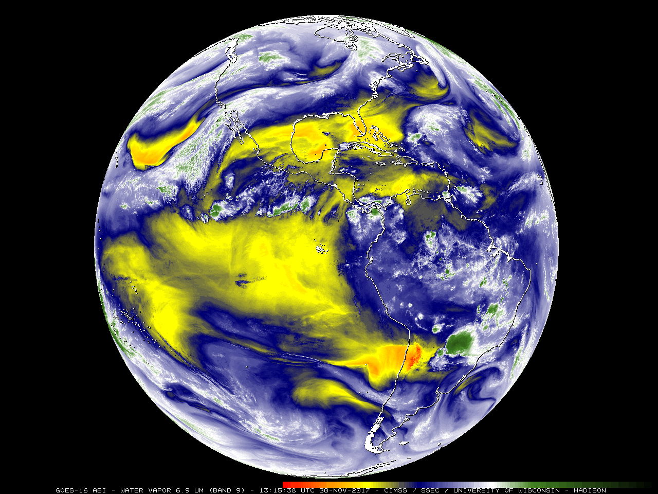 GOES-16 Water Vapor (6.9 µm) images (Click to animate)