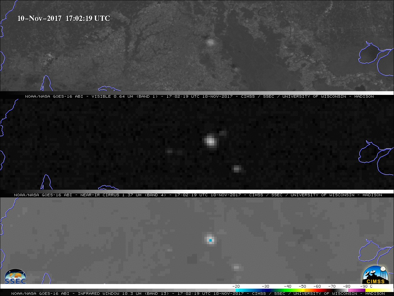GOES-16 Visible (0.64 µm, top), Near-Infrared 