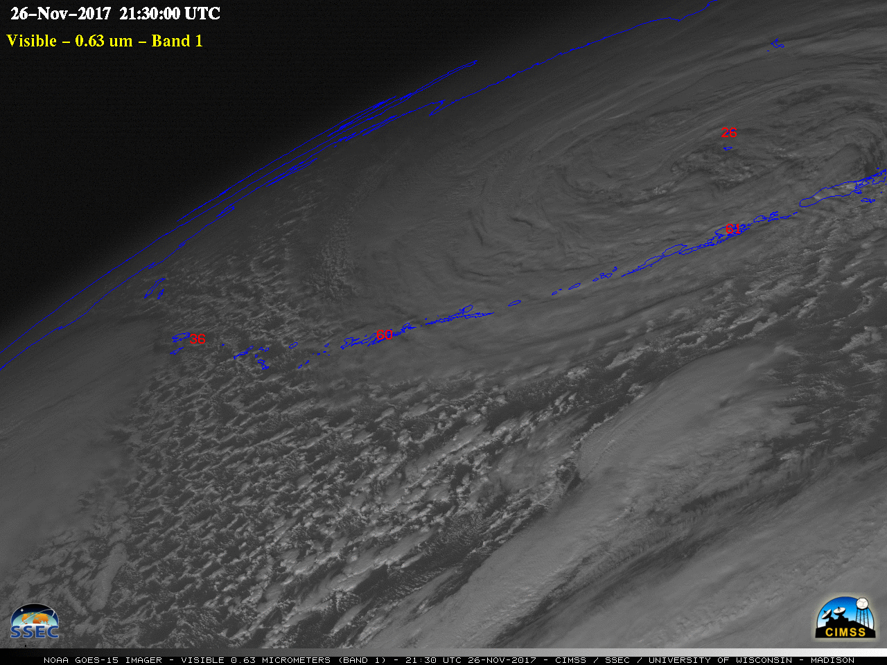 GOES-15 Visible (0.63 µm) images, with hourly surface wind gusts (knots) plotted in red [click to play animation]