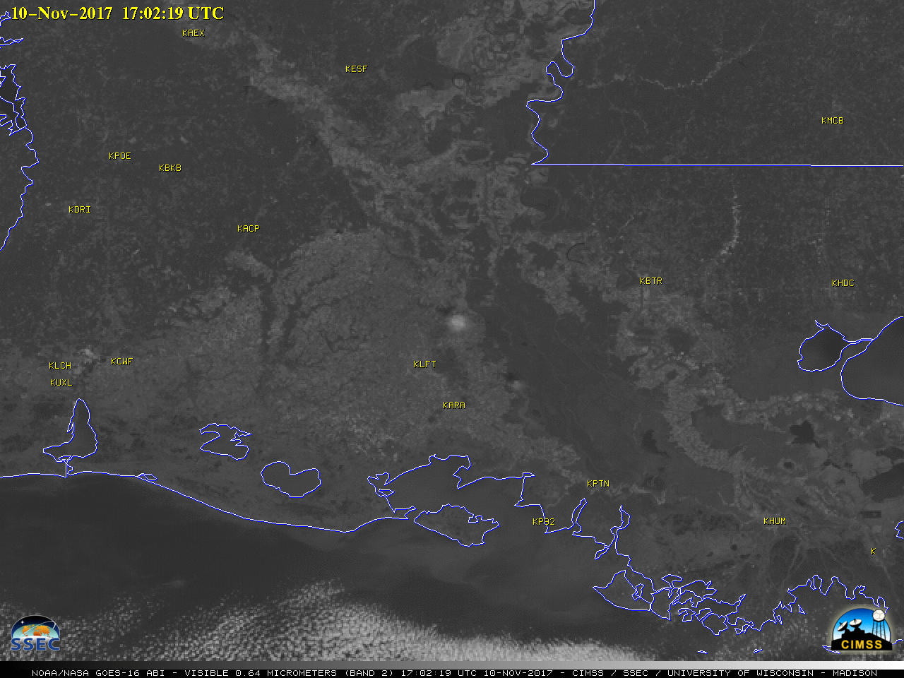 GOES-16 Visible (0.64 µm) images, with surface station identifiers plotted in yellow [click to play MP4 animation]