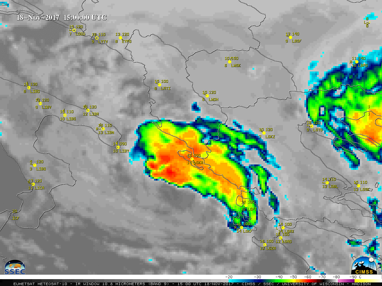 Meteosat-10 Infrared Window (10.8 µm) images, with plots of hourly surface reports [click to play MP4 animation]