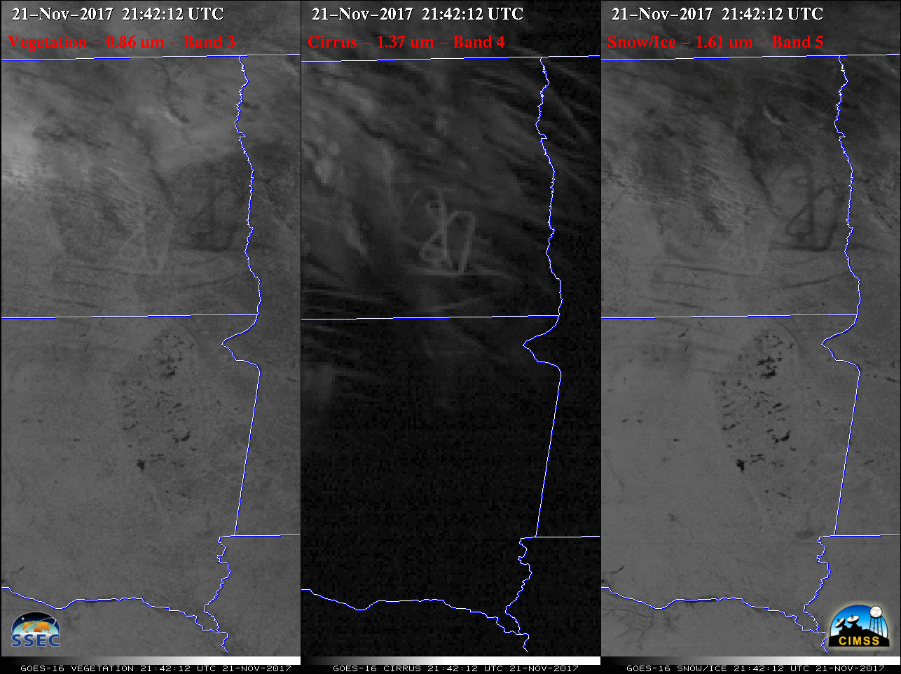 GOES-16 Vegetation (0.86 µm, left), Cirrus (1.37 µm, center) and Snow/Ice (1.61 µm, right) images [click to play animation]