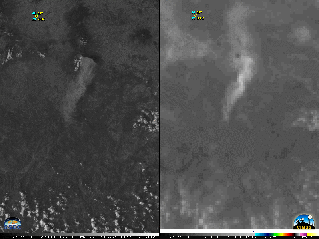 GOES-16 Visible (0.64 µm, left) and Infrared Window (10. µm, right) images, with plots of hourly surface reports [click to play animation]