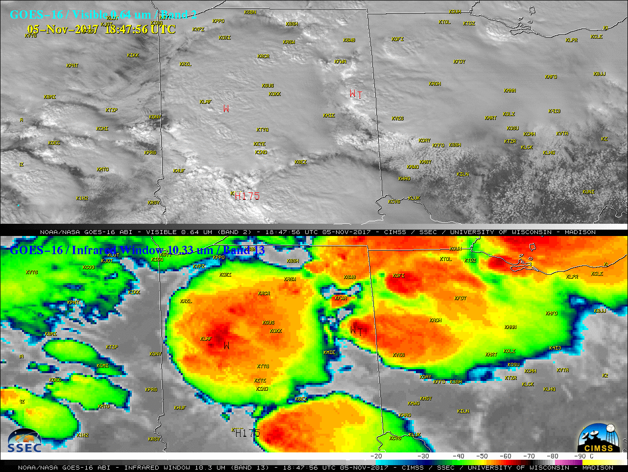 GOES-16 Visible (0.64 µm, top) and Infrared Window (10.3 µm, bottom) images, with SPC storm reports plotted in red (on Visible images) and black (on Infrared images) [click to play MP4 animation]