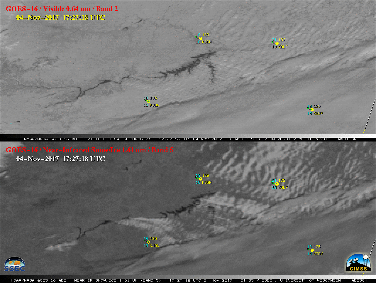 GOES-16 "Red" Visible (0.64 µm, top) and Near-Infrared "Snow/Ice" (1.61 µm, bottom) images, with hourly plots of surface observations [click to play MP4 animation]