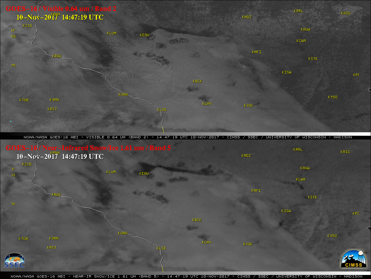 GOES-16 Visible (0.64 µm, top) and Near-Infrared 