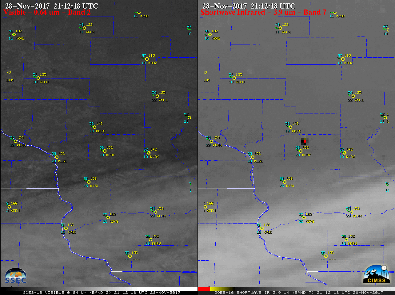 GOES-16 Visible (0.64 µm, left) and Shortwave Infrared (3.9 µm, right) images, with plots of hourly surface reports [click to play MP4 animation]