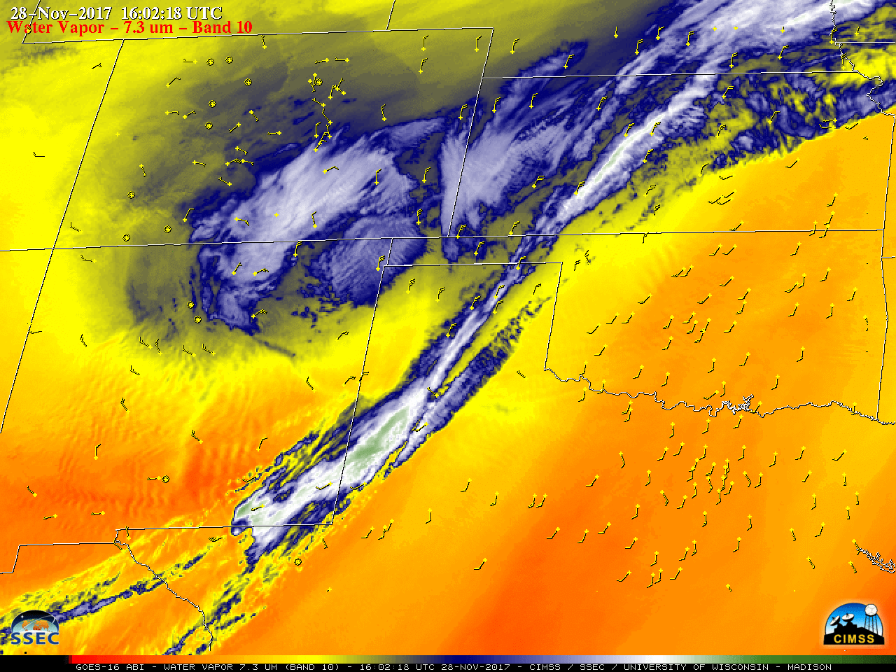 GOES-16 Lower-level (7.3 µm) images, with hourly surface wind barbs plotted in yellow [click to play MP4 animation]
