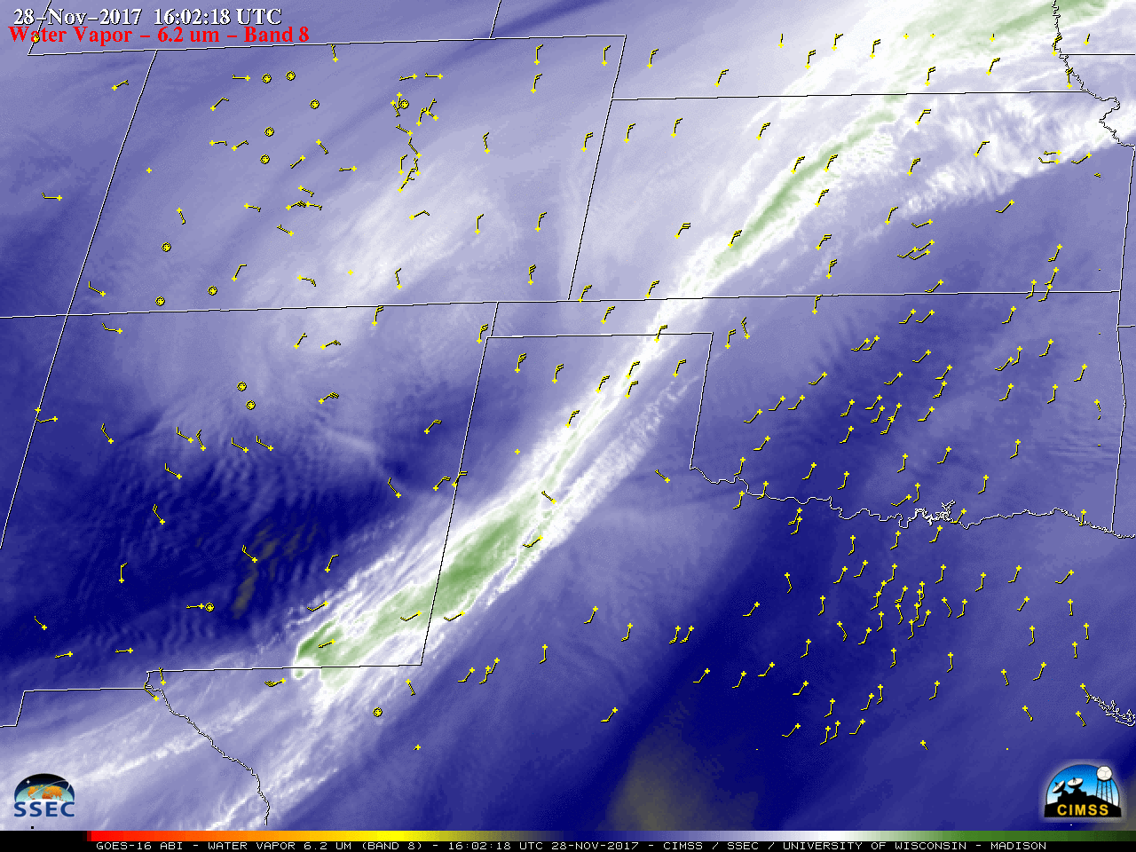 GOES-16 Upper-level (6.2 µm) images, with hourly surface wind barbs plotted in yellow [click to play MP4 animation]