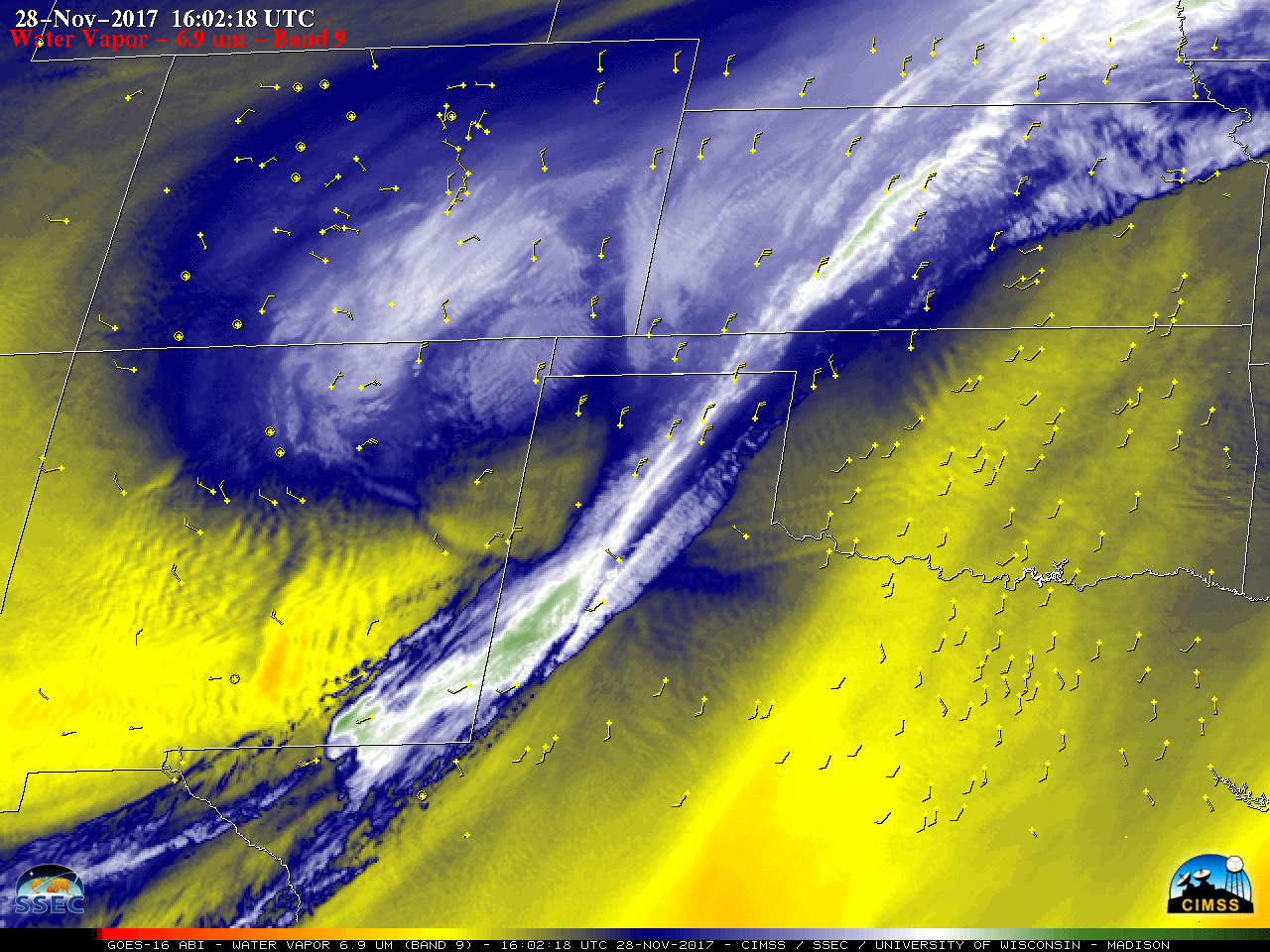 GOES-16 Mid-level (6.9 µm) images, with hourly surface wind barbs plotted in yellow [click to play MP4 animation]
