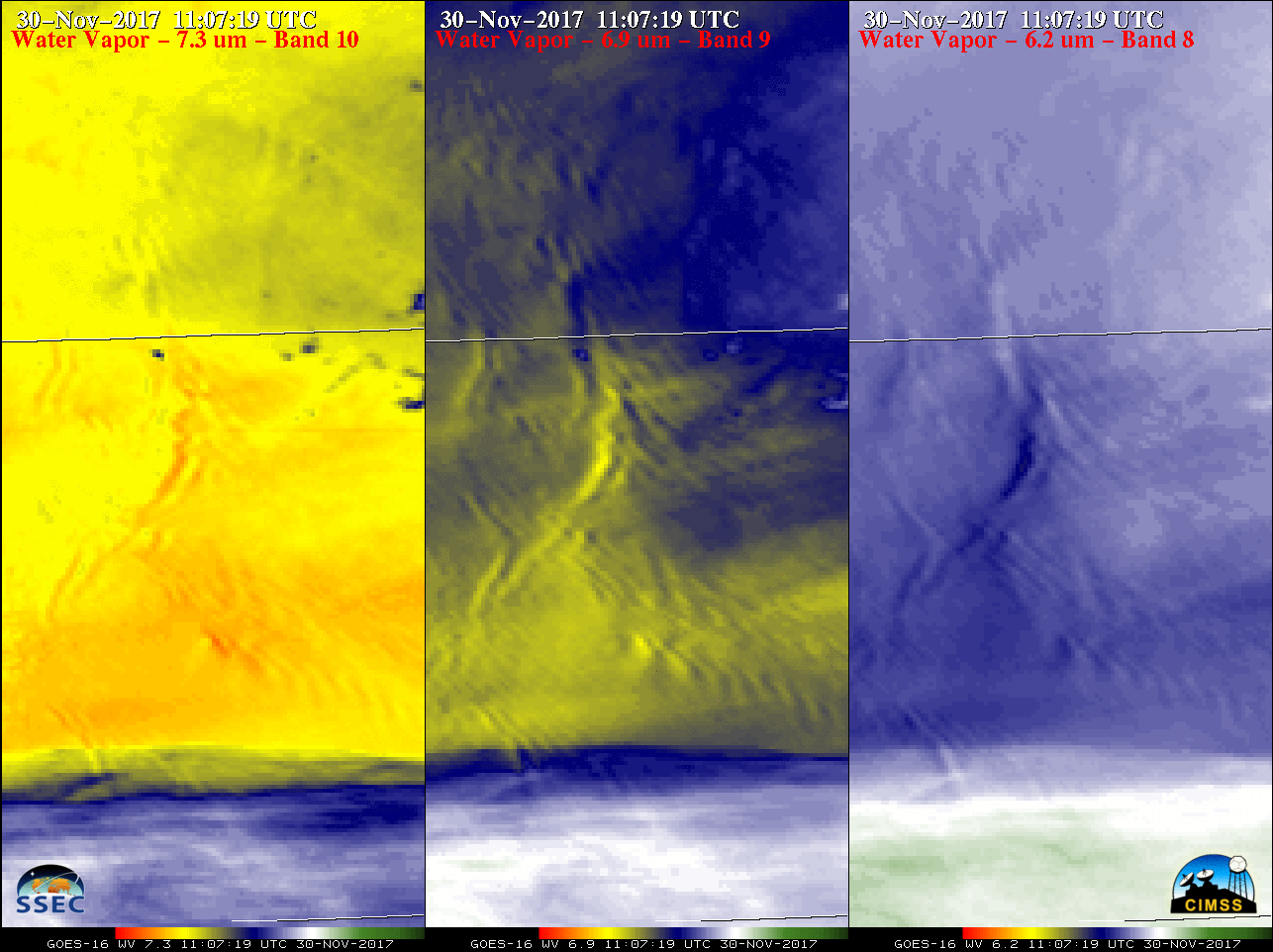 GOES-16 Lower-level (7.3 µm), Mid-level (6.9 µm) and Upper-level (6.2 µm) Water Vapor images [click to play animation]