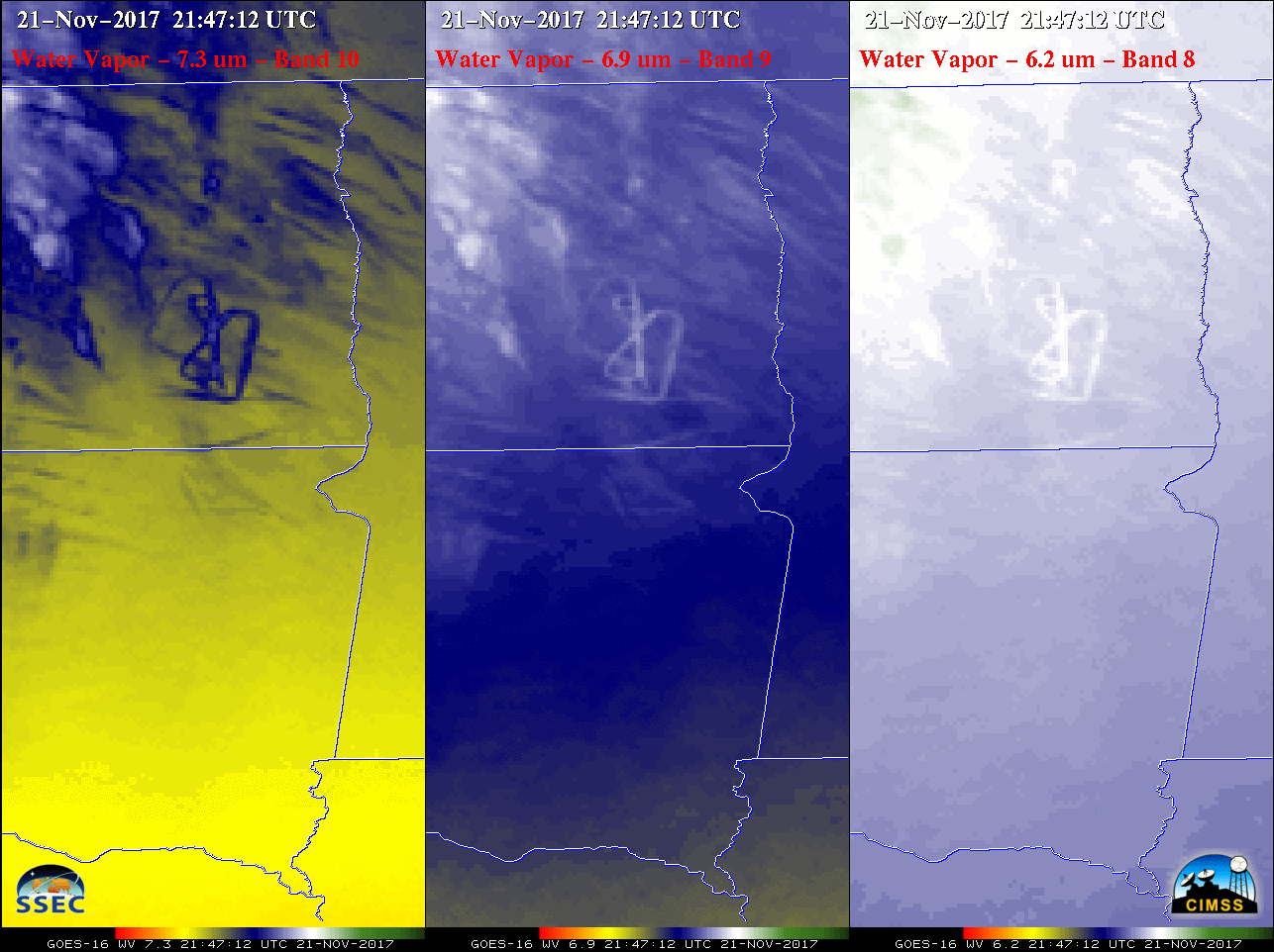 GOES-16 Lower-level (10.3 µm, left), Mid-level (6.9 µm, center) and Upper-level (6.2 µm, right) Water Vapor images, with surface station identifiers plotted in cyan [click to play animation]