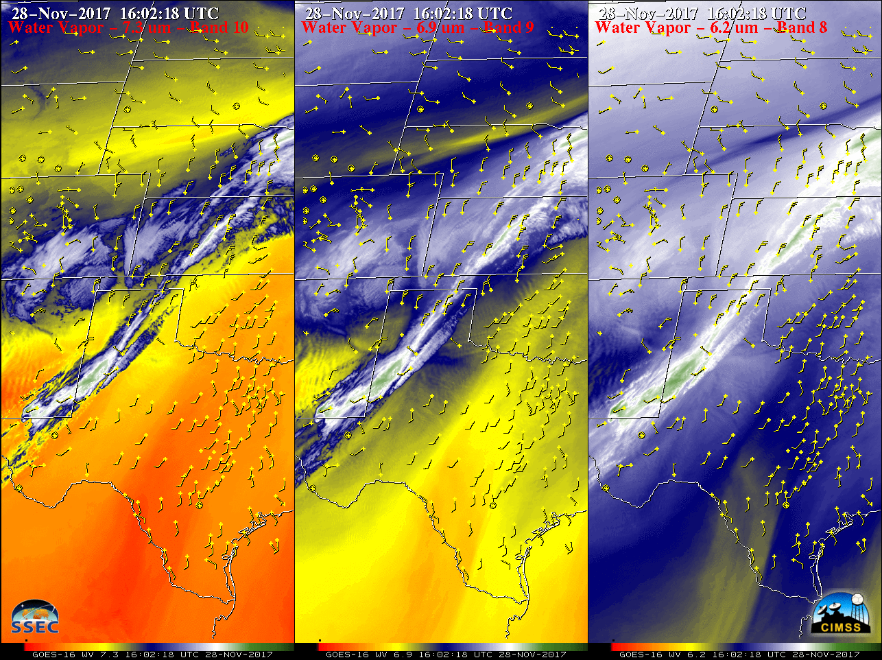 GOES-16 Lower-level (7.3 µm, left), Mid-level (6.9 µm, center) and Upper-level (6.2 µm, right) Water Vapor images, with hourly surface wind barbs plotted in yellow [click to play MP4 animation]
