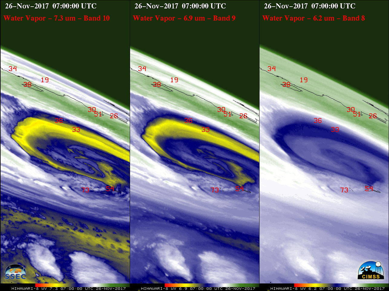 Himawari-8 Lower-level (7.3 µm, left), Mid-level (6.9 µm, center) and Upper-level (6.2 µm, right) Water Vapor images, with hourly surface wind gusts (knots) plotted in red [click to play MP4 animation]