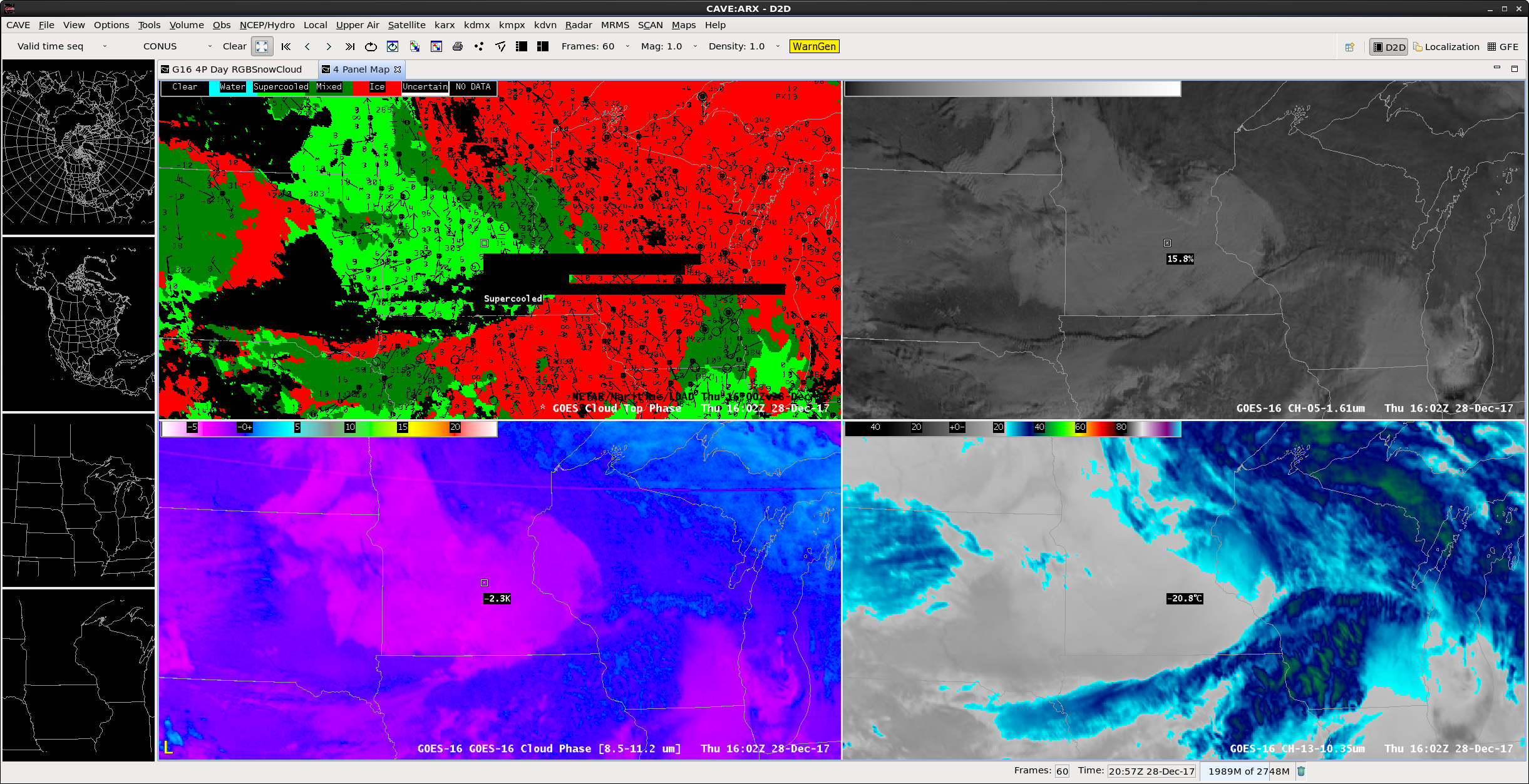 AWIPS screen capture of GOES-16 Cloud Top Phase (top left), Near-Infrared 
