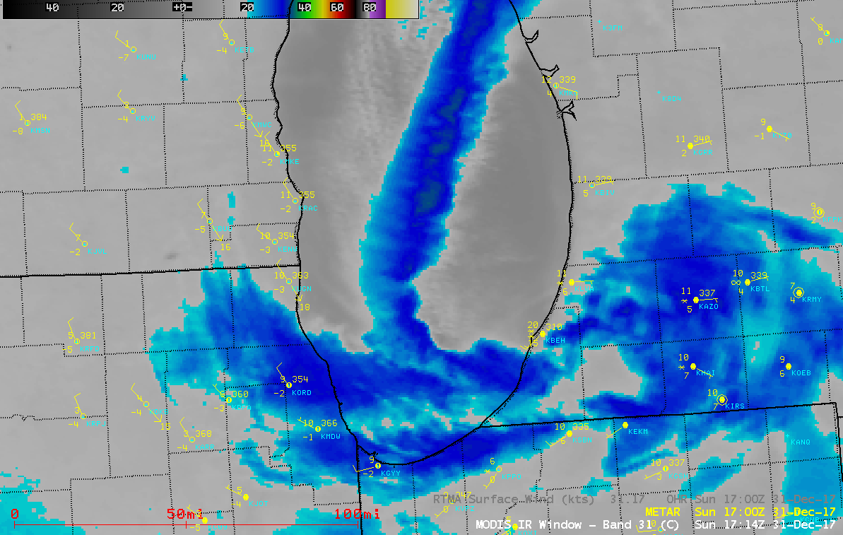 Terra MODIS Infrared (11.0 µm) and Visible (0.65 µm) images at 1714 UTC, with 17 UTC RTMA surface winds [click to enlarge]