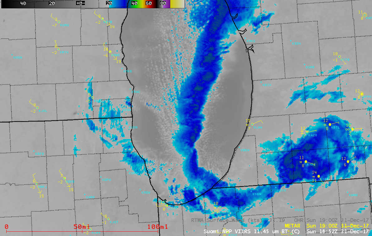 Suomi NPP Infrared (11.45 µm) and Visible (0.64 µm) images at 1852 UTC, with 19 UTC RTMA surface winds [click to enlarge]
