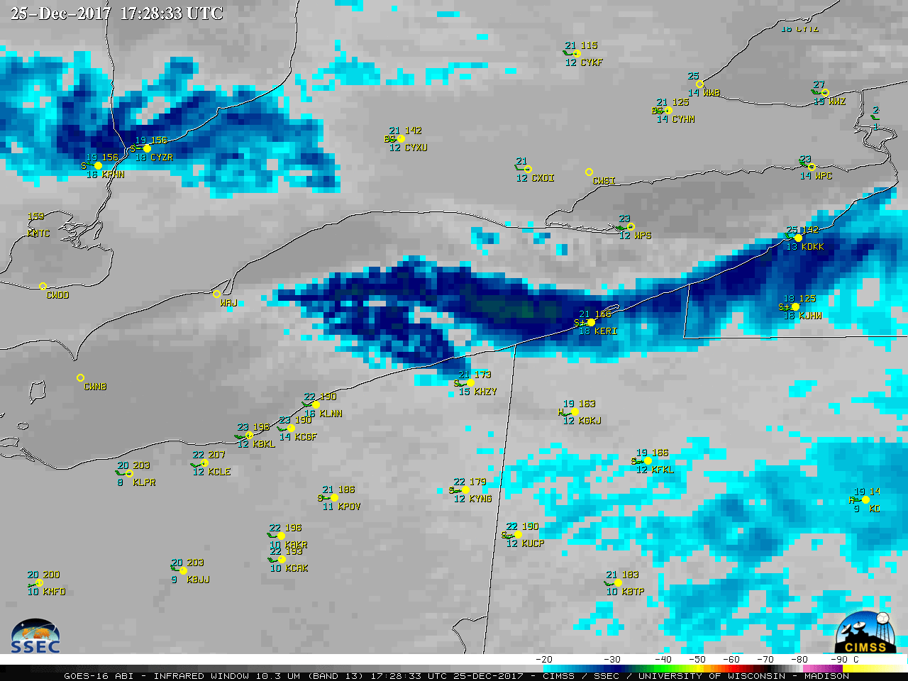 1-minute GOES-16 "Clean" Infrared Window (10.3 µm) images, with hourly surface reports plotted in cyan/yellow [click to play MP4 animation]