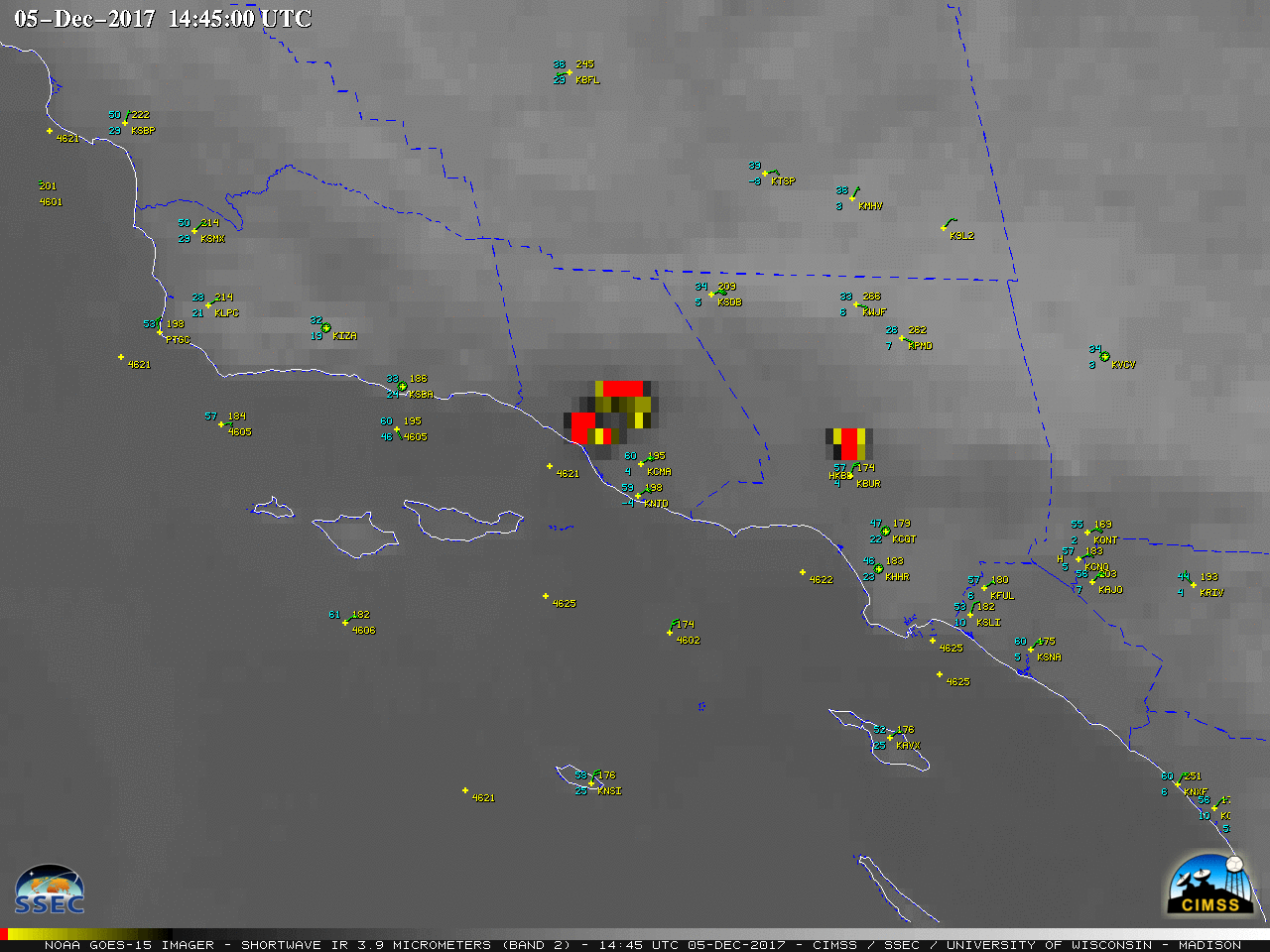 GOES-15 Shortwave Infrared (3.9 µm) images, with hourly surface plots [click to play MP4 animation]