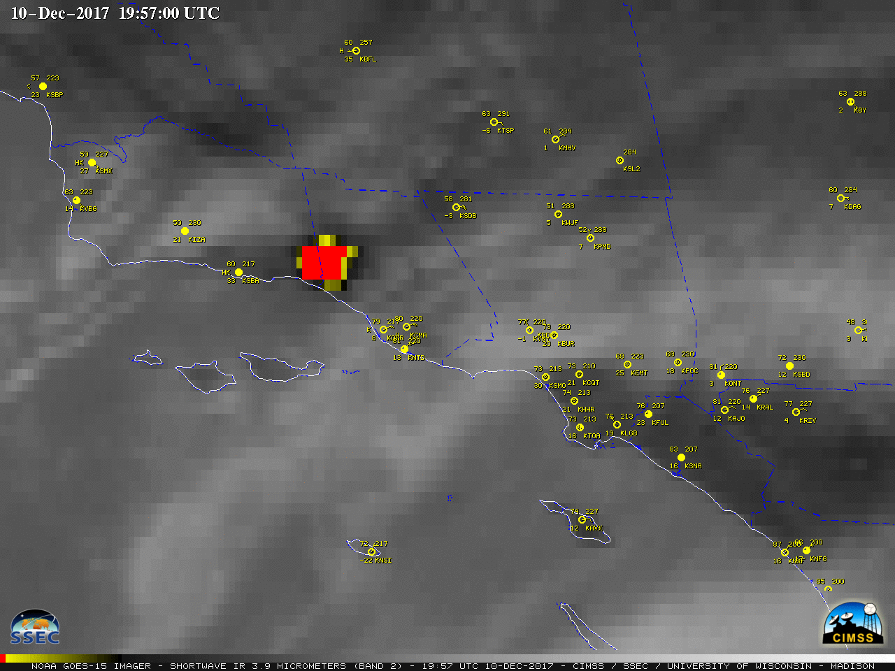 GOES-15 Shortwave Infrared (3.9 µm) images, with hourly surface reports plotted in yellow [click to play MP4 animation]