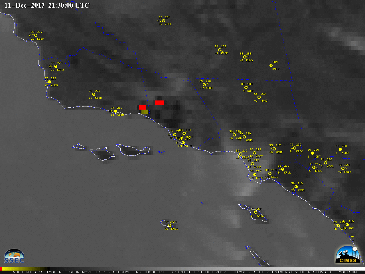 GOES-15 Shortwave Infrared (3.9 µm) images, with hourly surface reports plotted in yellow [click to play animation]