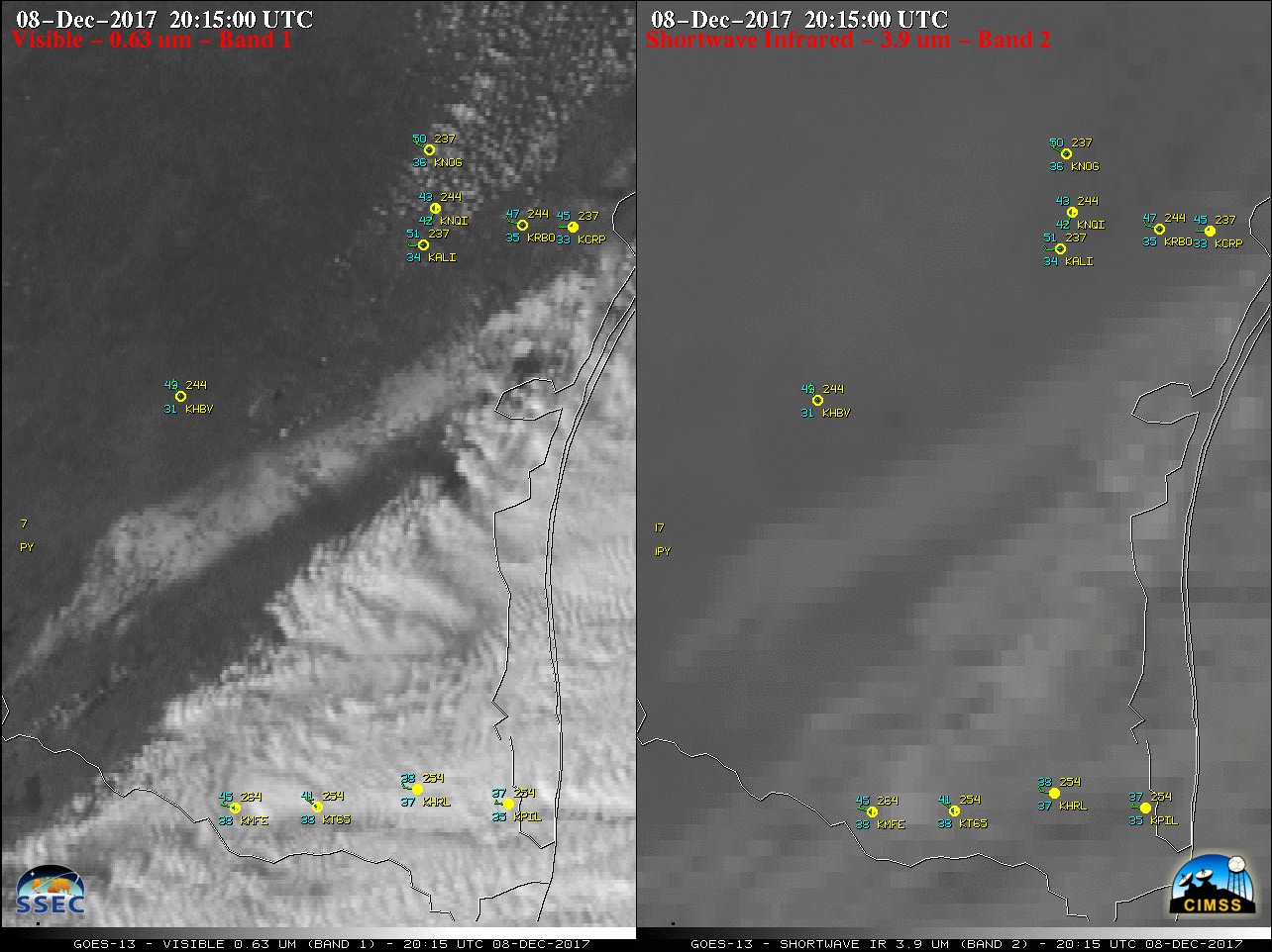 GOES-13 Visible (0.63 µm, left) and Shortwave Infrared (3.9 µm, right) images, with hourly plots of surface reports [click to play animation]