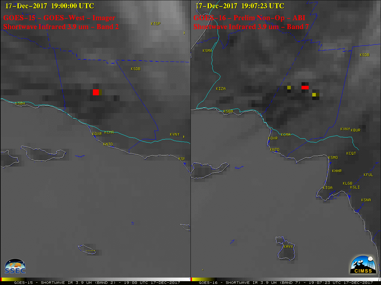 GOES-15 (left) and GOES-16 (right) Shortwave Infrared (3.9 µm) images [click to play MP4 animation]