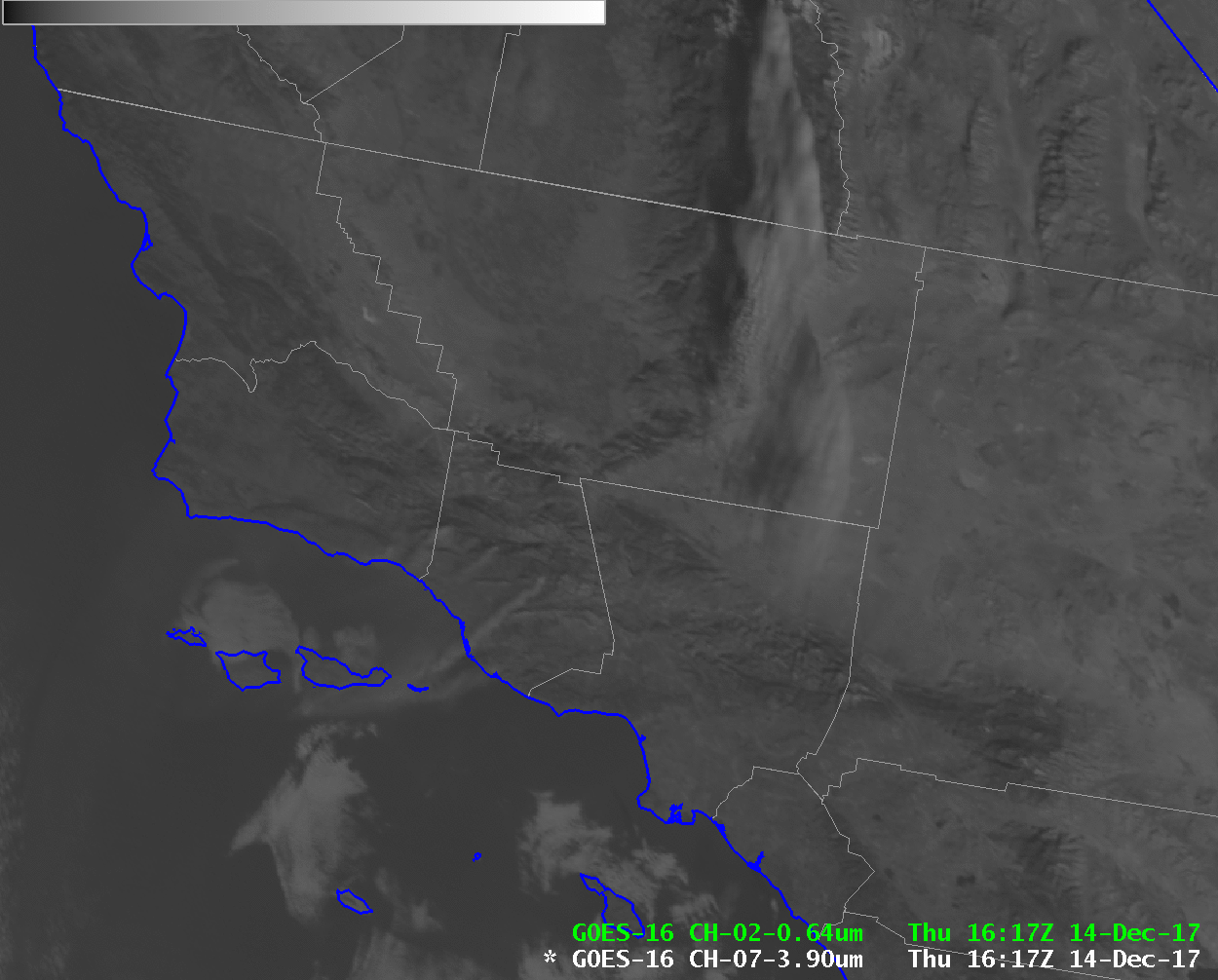 GOES-16 Shortwave Infrared (3.9 µm) image, showing thermal signatures of wildfires in Southern California [click to enlarge]