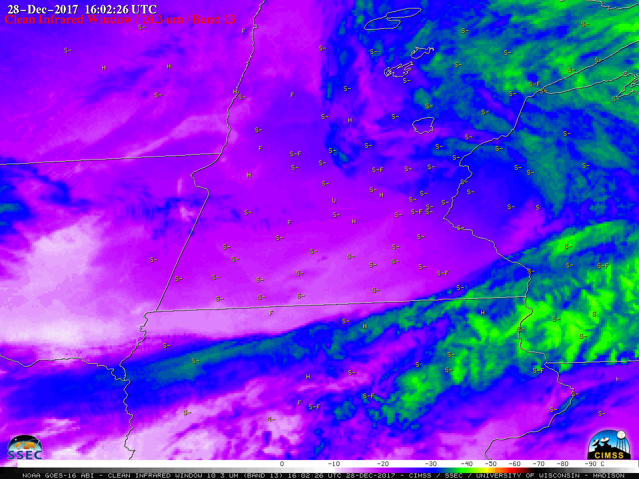 GOES-16 "Clean" Infrared Window (10.3 µm) images, with hourly surface-observed precipitation type plotted in yellow [click to play MP4 animation]
