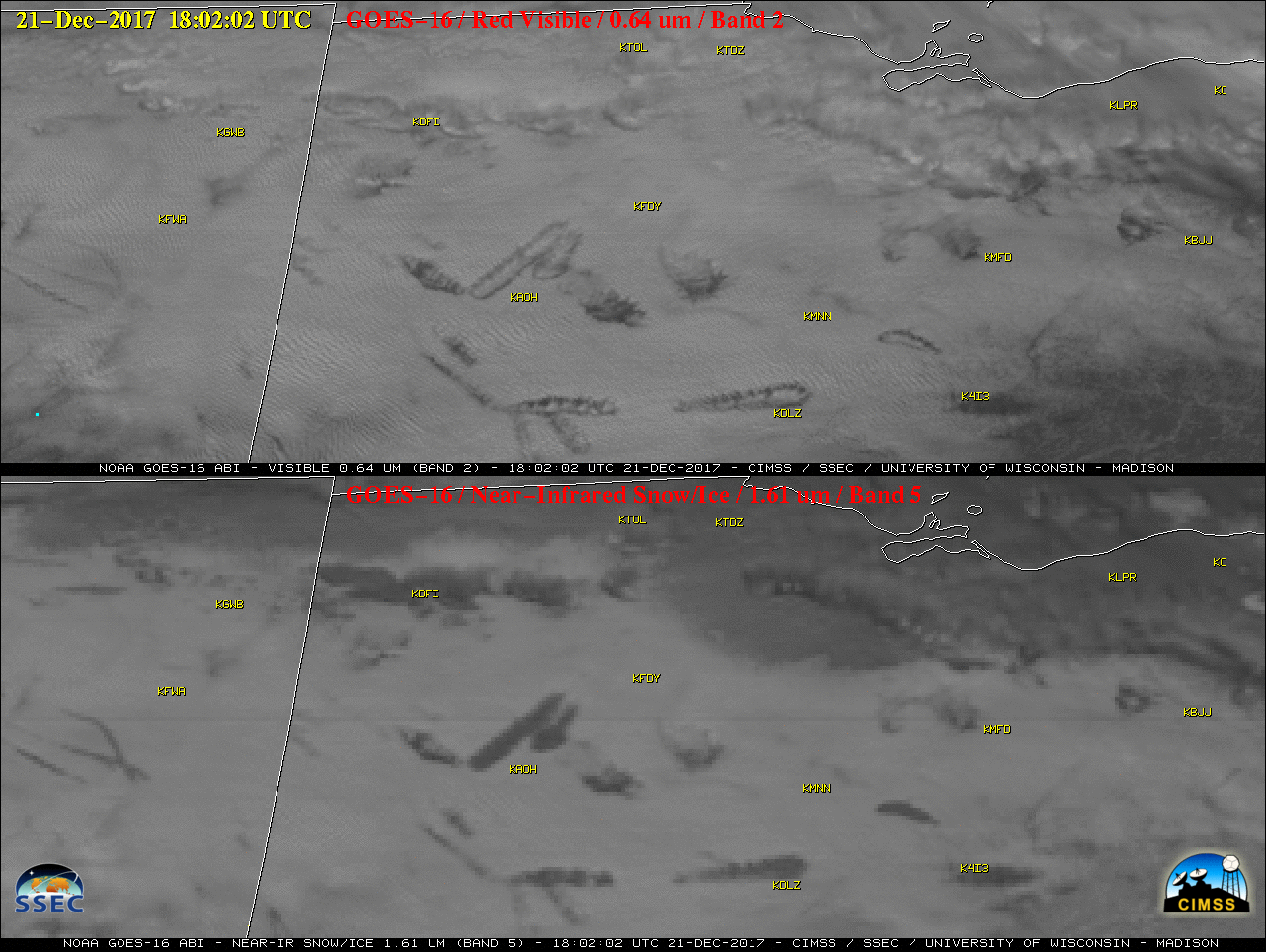 GOES-16 "Red" Visible (0.64 µm) and Near-Infrared "Snow/Ice" (1.61 µm) images over Indiana/Ohio [click to play MP4 animation]
