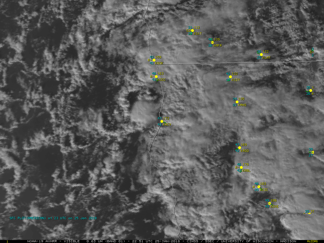NOAA-19 and GOES-16 Visible images at 2252 UTC, with plots of 23 UTC surface reports [click to enlarge]
